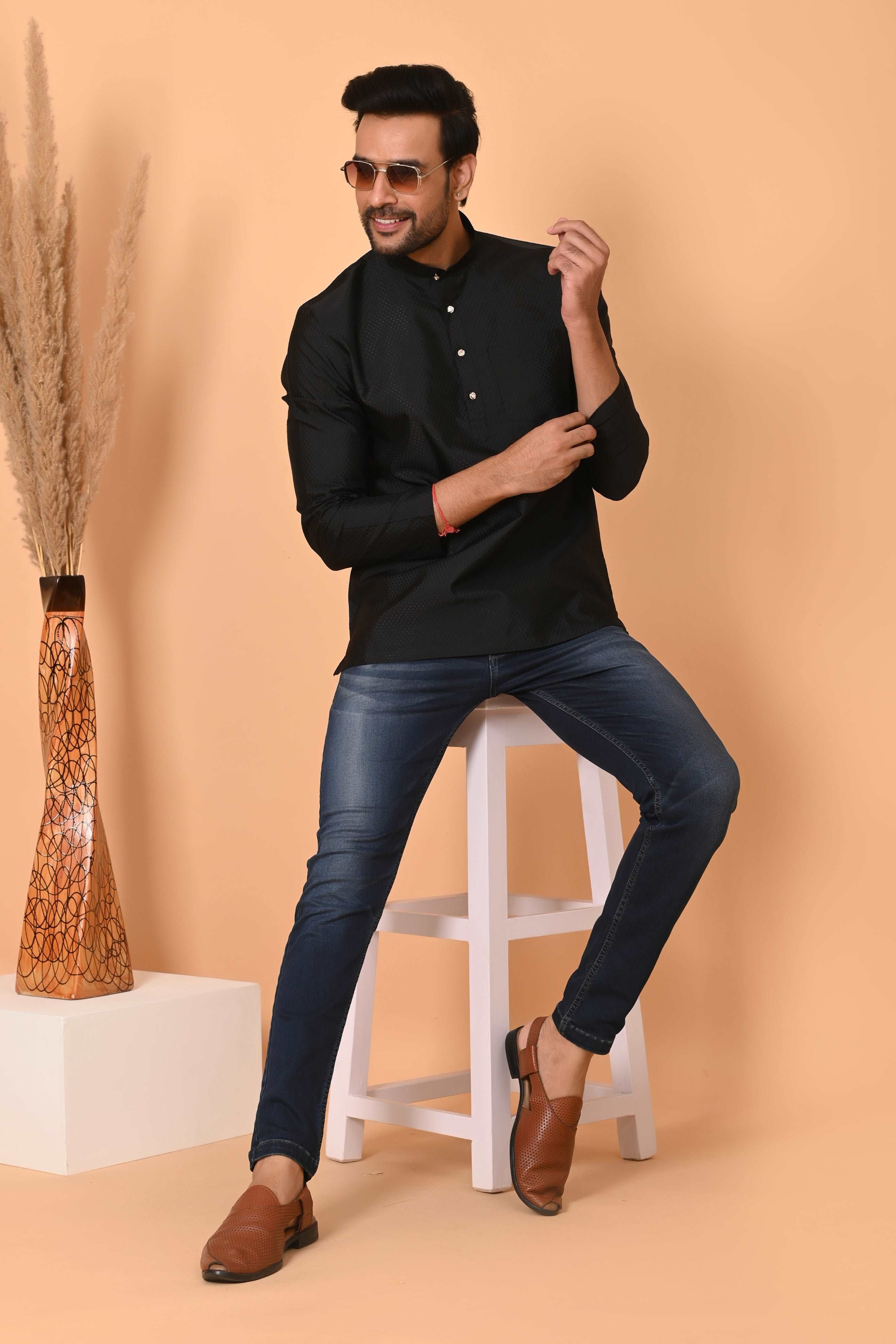 Black Men's Short Kurta - Ethnic Traditional Wear | Stylish Short-Length Kurta for Men