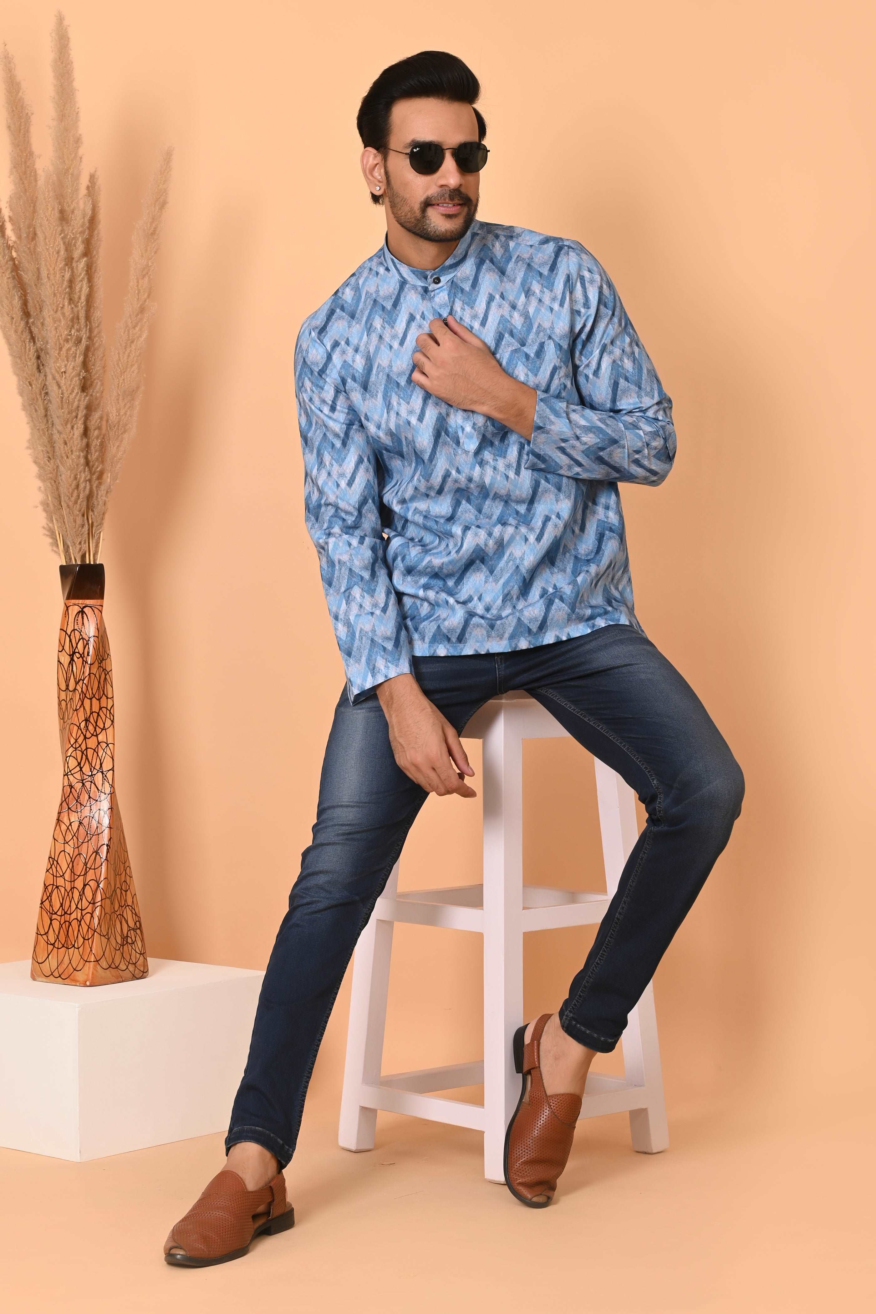 Blue Short Kurta for Men - Ethnic Traditional Wear | Stylish Short-Length Kurta