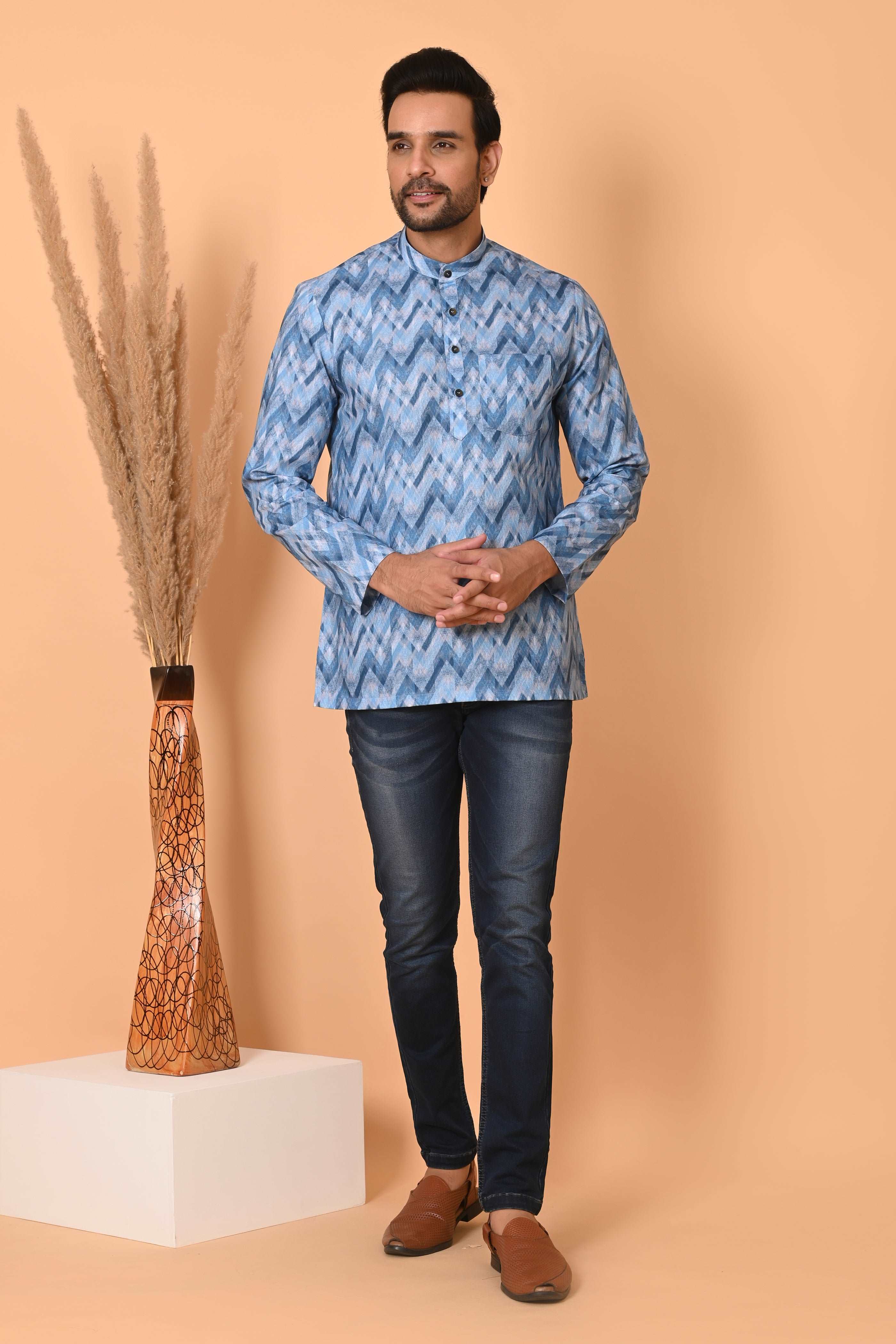 Blue Short Kurta for Men - Ethnic Traditional Wear | Stylish Short-Length Kurta