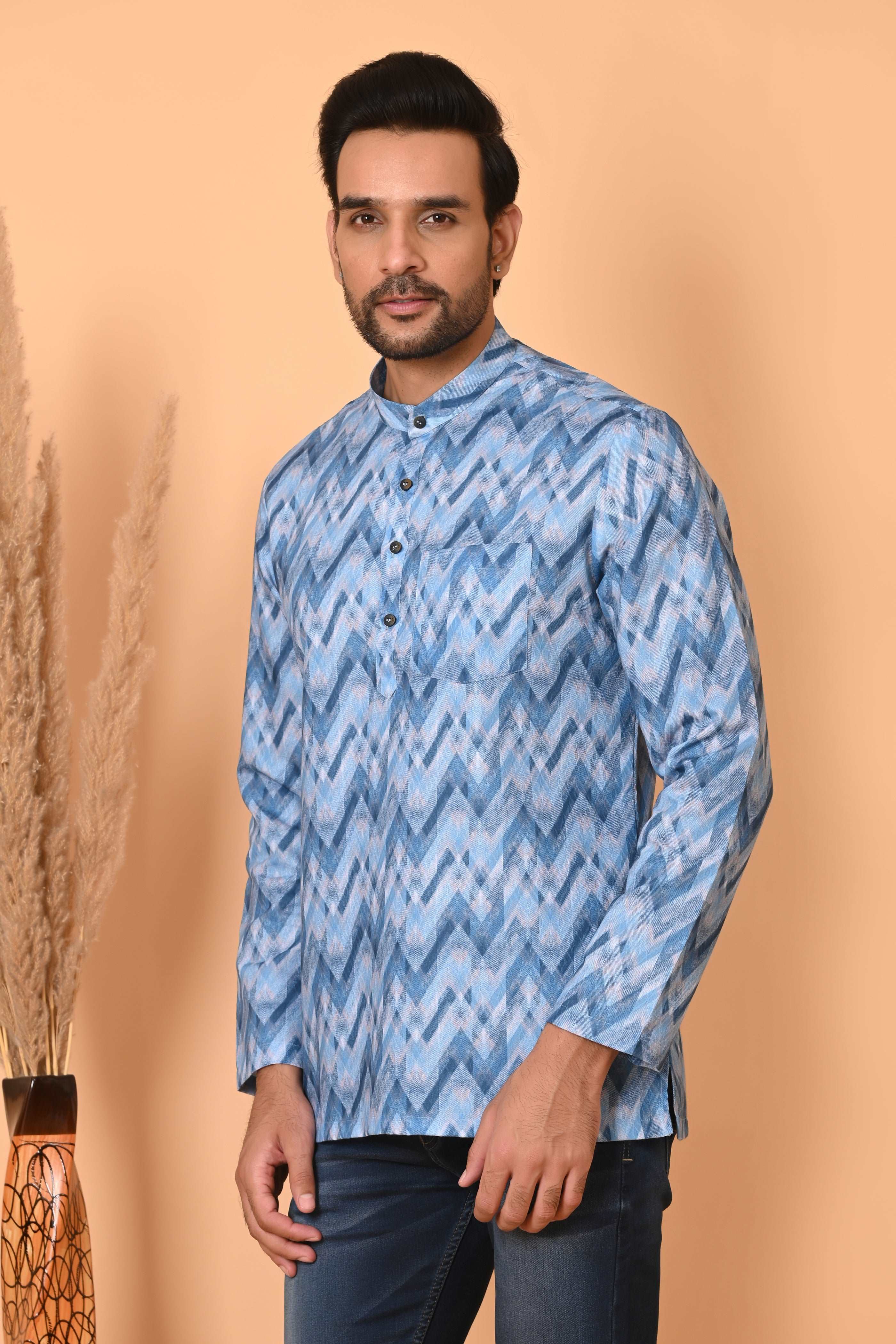 Blue Short Kurta for Men - Ethnic Traditional Wear | Stylish Short-Length Kurta
