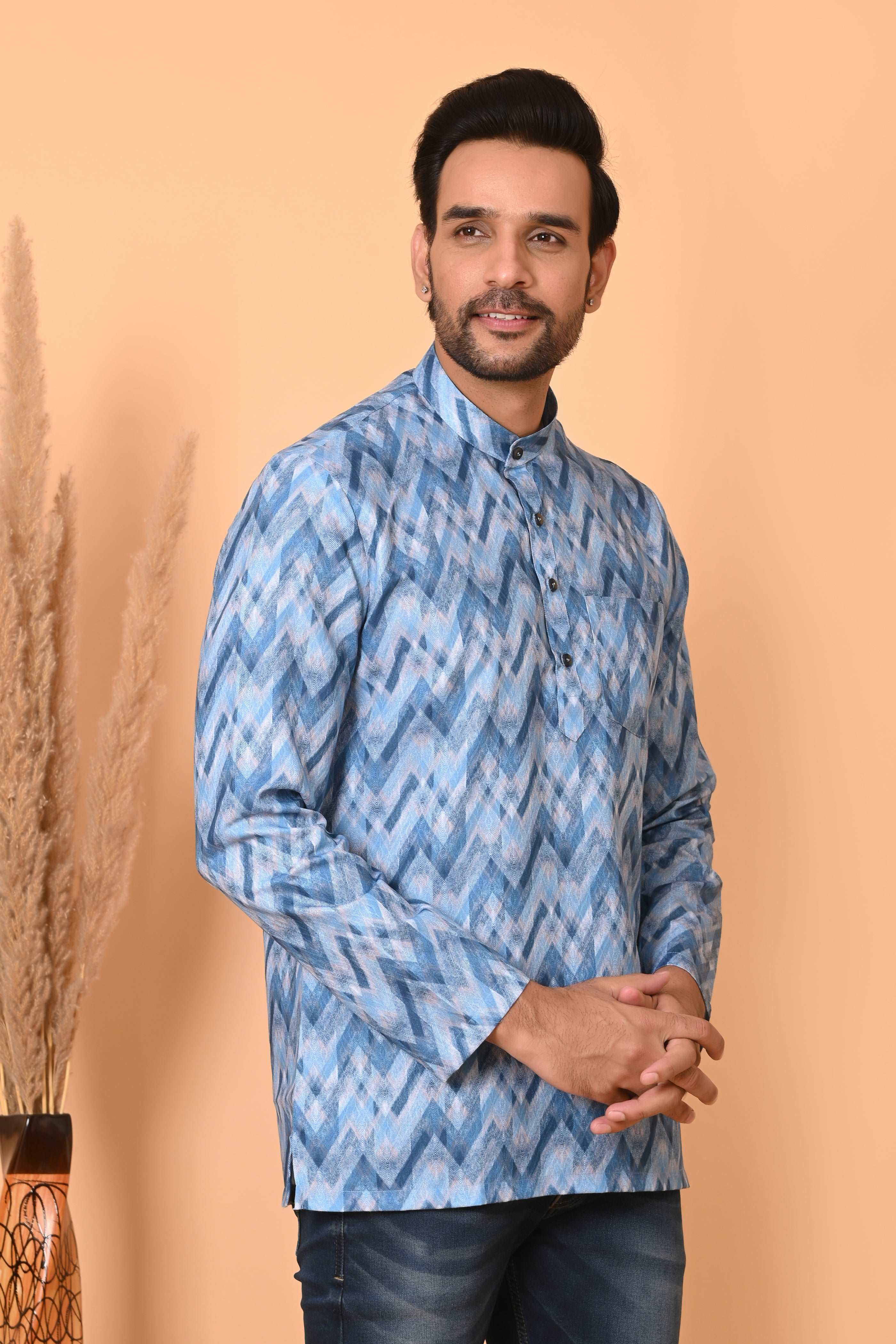 Blue Short Kurta for Men - Ethnic Traditional Wear | Stylish Short-Length Kurta