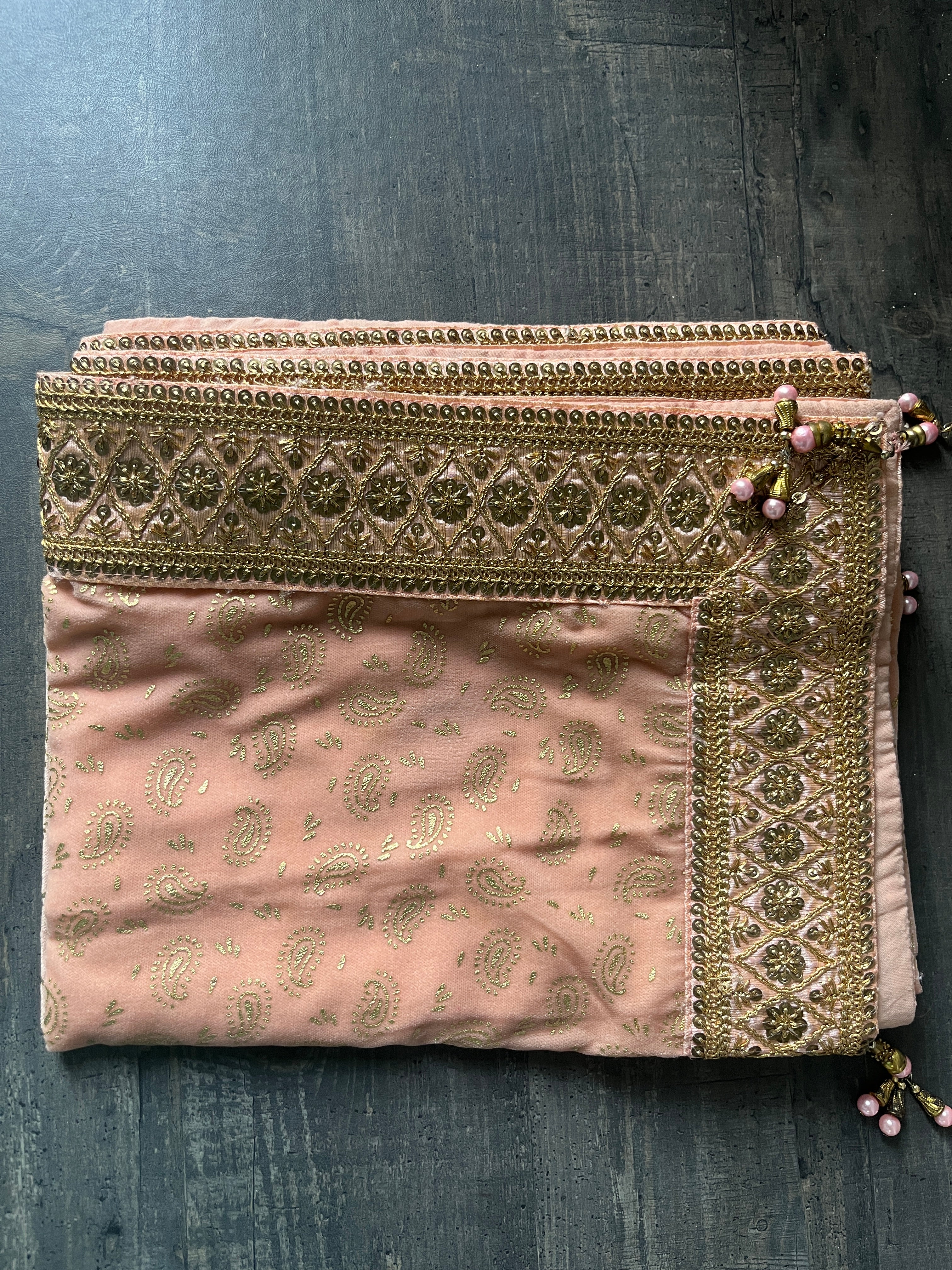 Peach velvet stole with golden prints and handwork border Stole/dupatta For Men and women