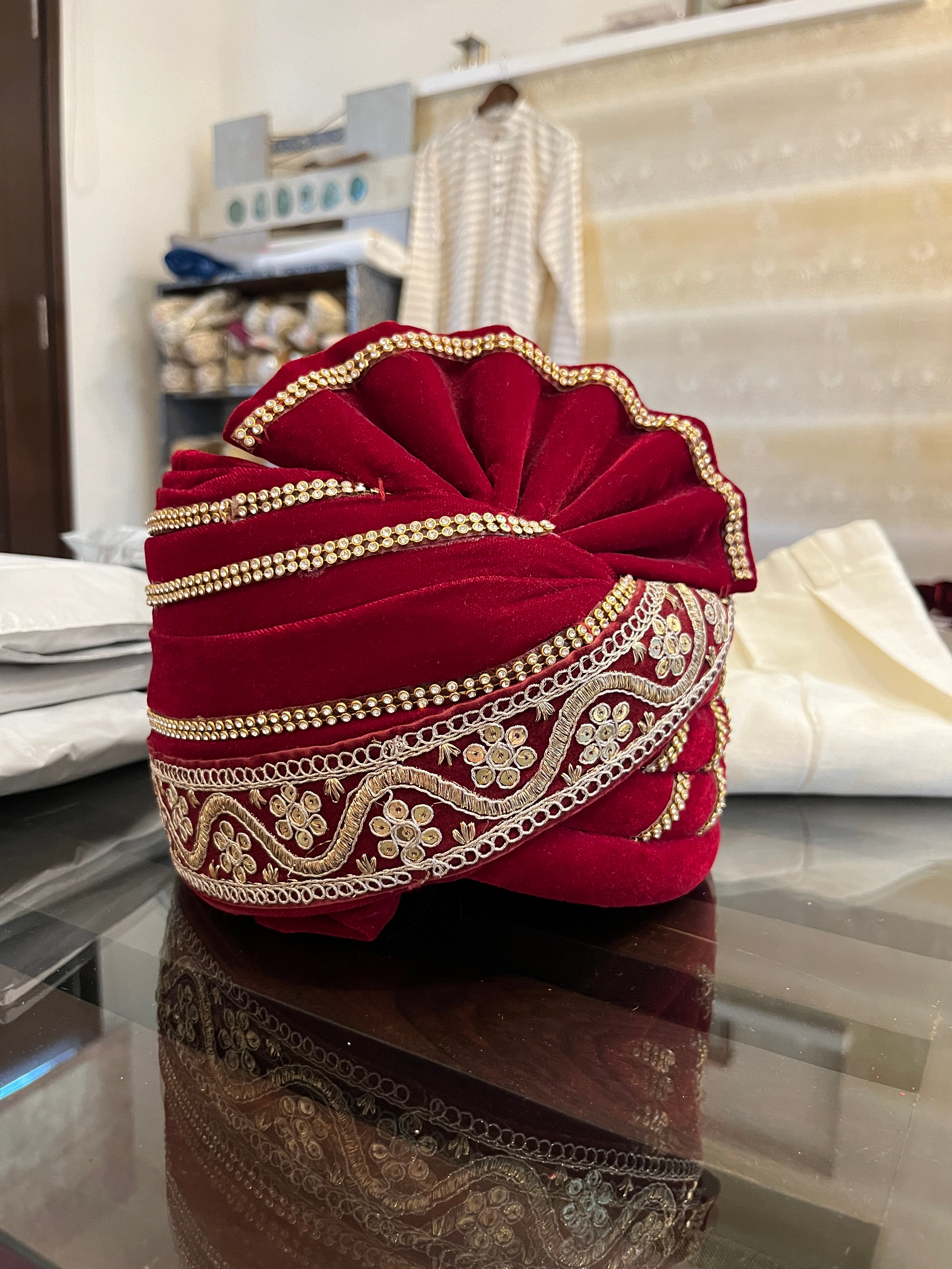 Red velvet Stitched Handwork Border Safa/turban/pagri/pheta   Pheta (Turban Safa) For Men For Wedding/marriage And Traditional Function