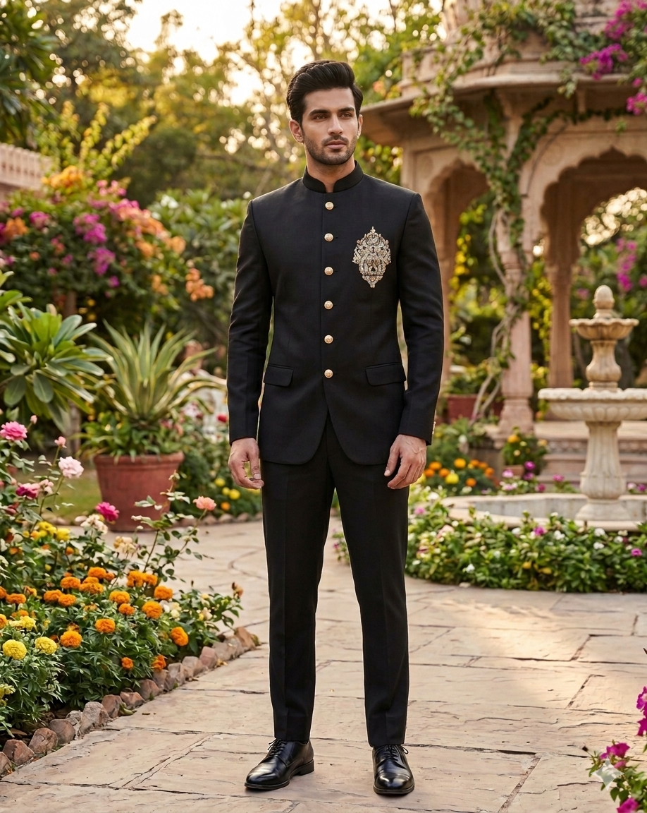 Black Zardozi Hand-Embroidered Jodhpuri Suit - Mens Bandgala Suit for Wedding - Indian Ethnic Wear - Mens Celebration Outfit - Formal Party Wear Coat