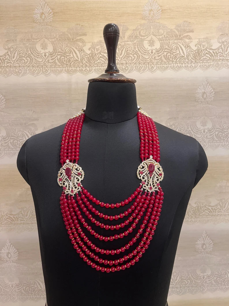 Men's  Red And Golden Broach Mala Necklace For Ethnic Look