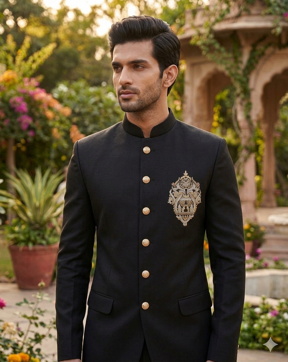 Black Zardozi Hand-Embroidered Jodhpuri Suit - Mens Bandgala Suit for Wedding - Indian Ethnic Wear - Mens Celebration Outfit - Formal Party Wear Coat