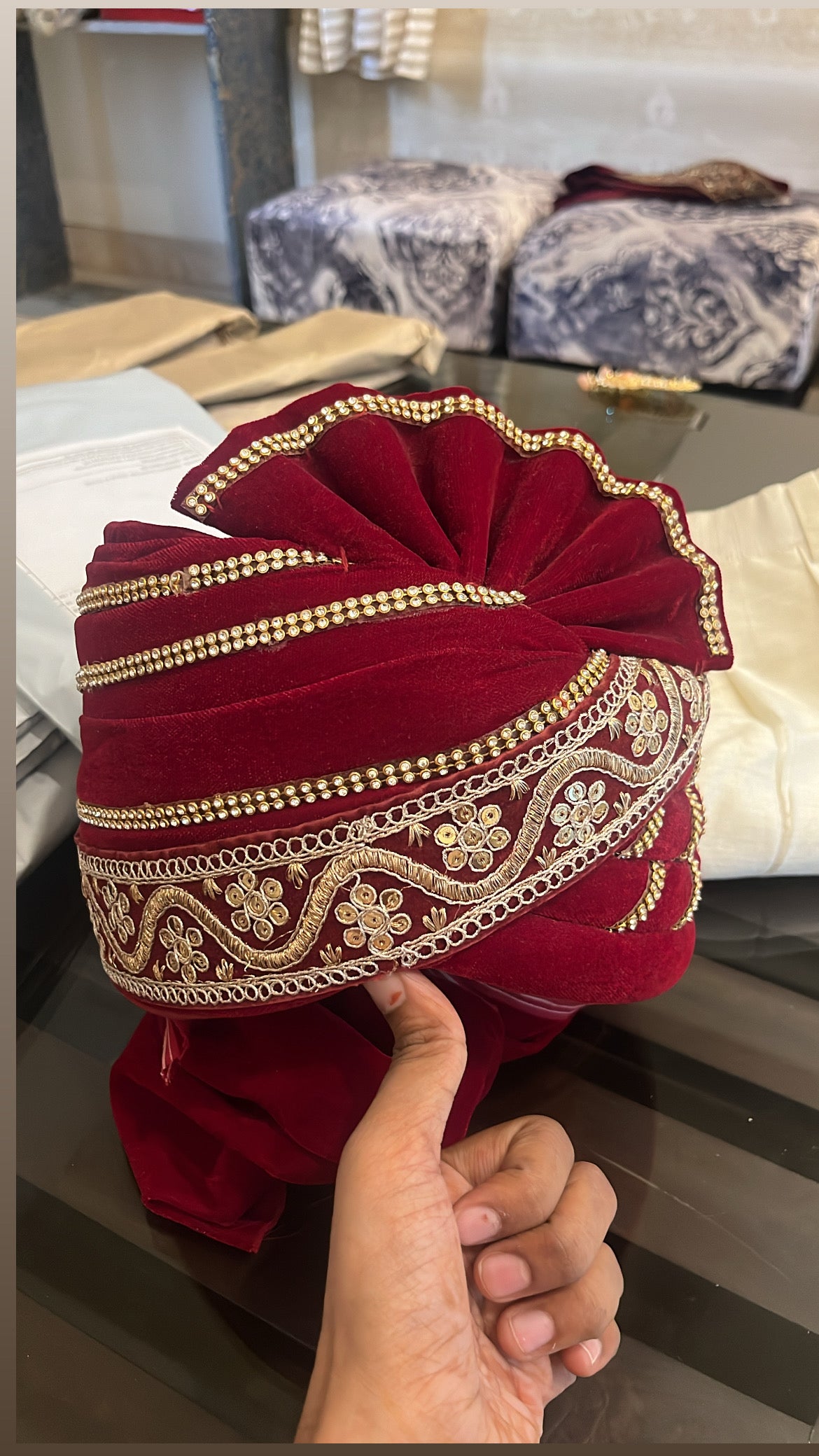 Red velvet Stitched Handwork Border Safa/turban/pagri/pheta   Pheta (Turban Safa) For Men For Wedding/marriage And Traditional Function