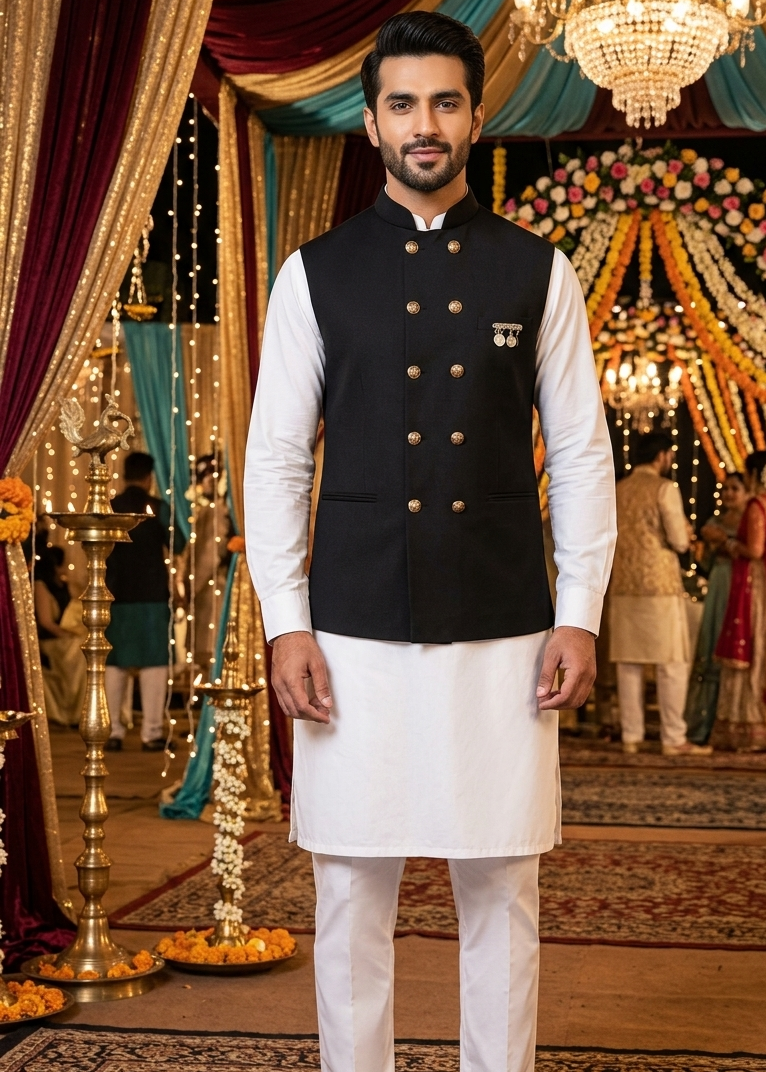 Plain Black Classy  Nehru Jacket For Men