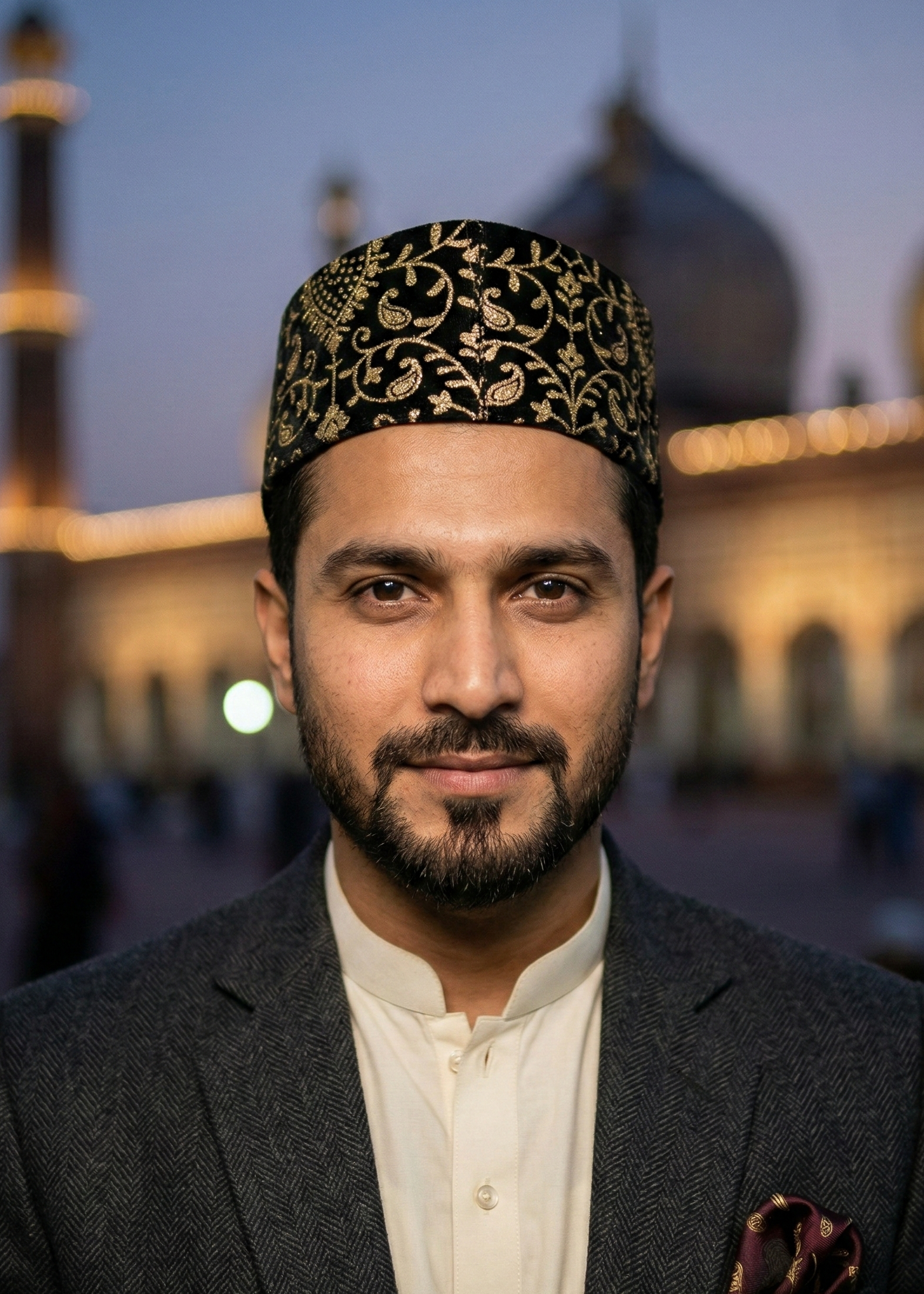 Man wearing a traditional black and gold embroidered hat with a blurred mosque background
