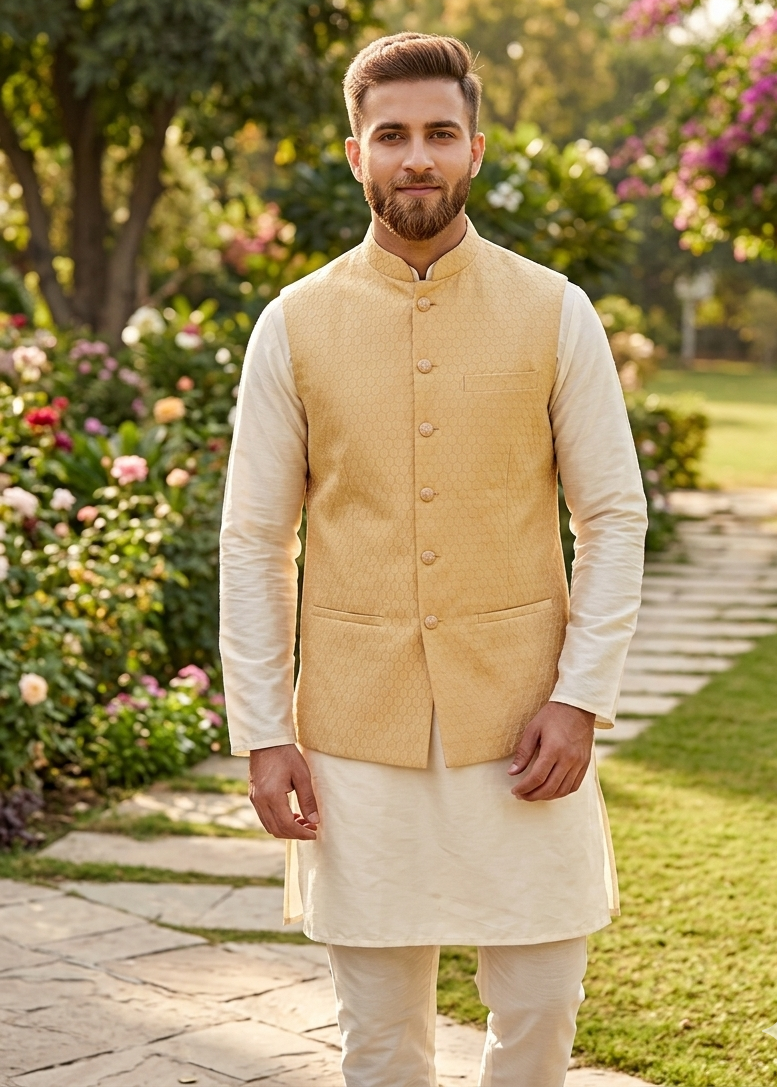 Yellow Cotton Silk Self Design Nehru Jacket For Men