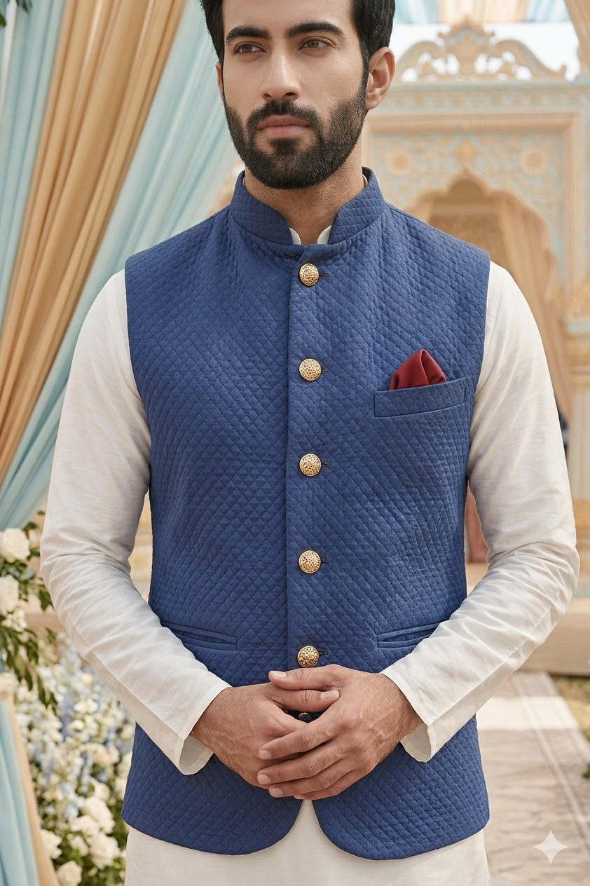Quilted Blue Nehru Jacket For Men