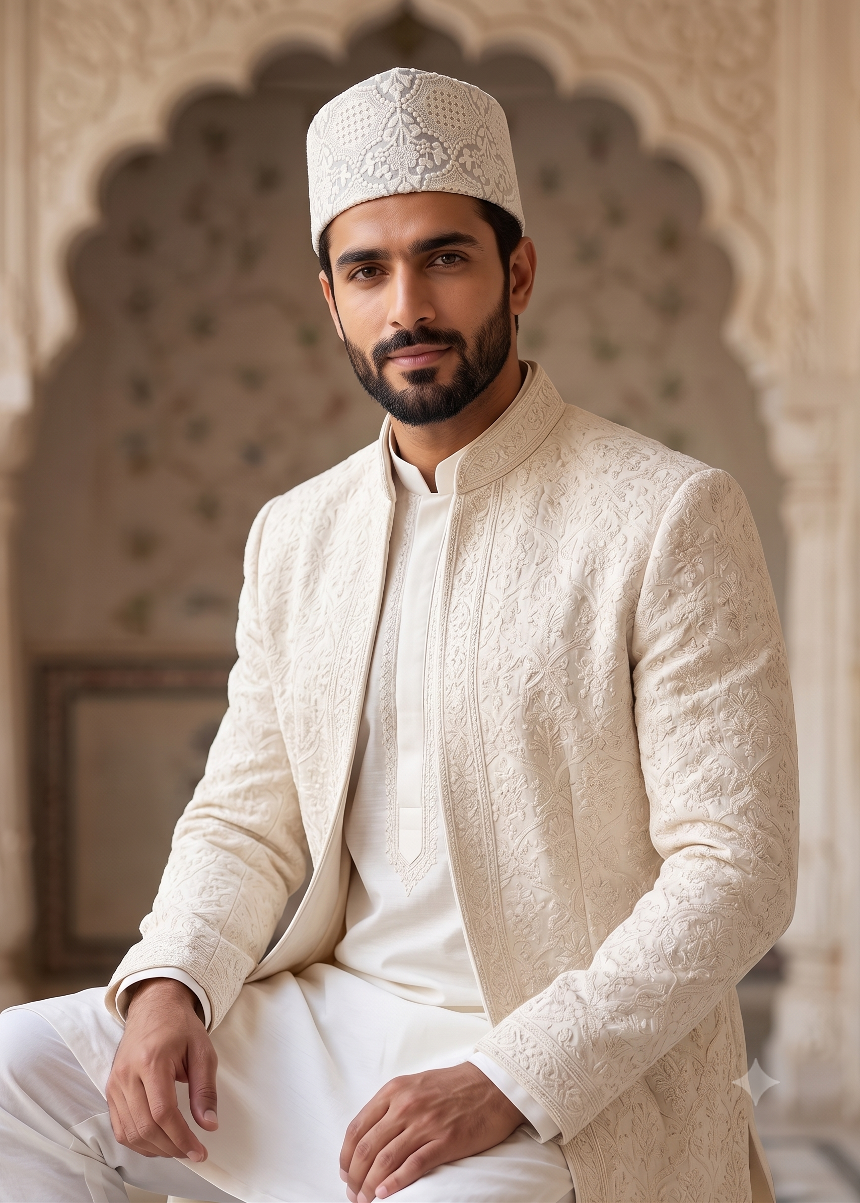 Premium White Peshawari / Rampuri Topi (Kufi Cap) – Chikankari Weaving Silk Muslim Prayer Hat for Namaz & Eid – Elegant Self Design – Sizes Up to 24 Inch