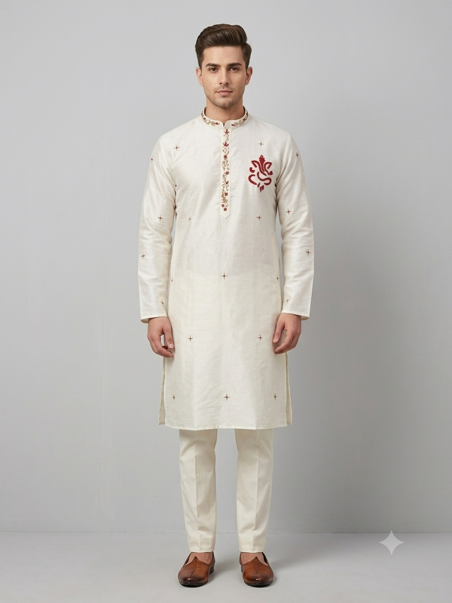 Silk Handwork Mens Kurta & Pants Set | Festive Outfit for men | Wedding wear for men | kurta for groom or groomsmen
