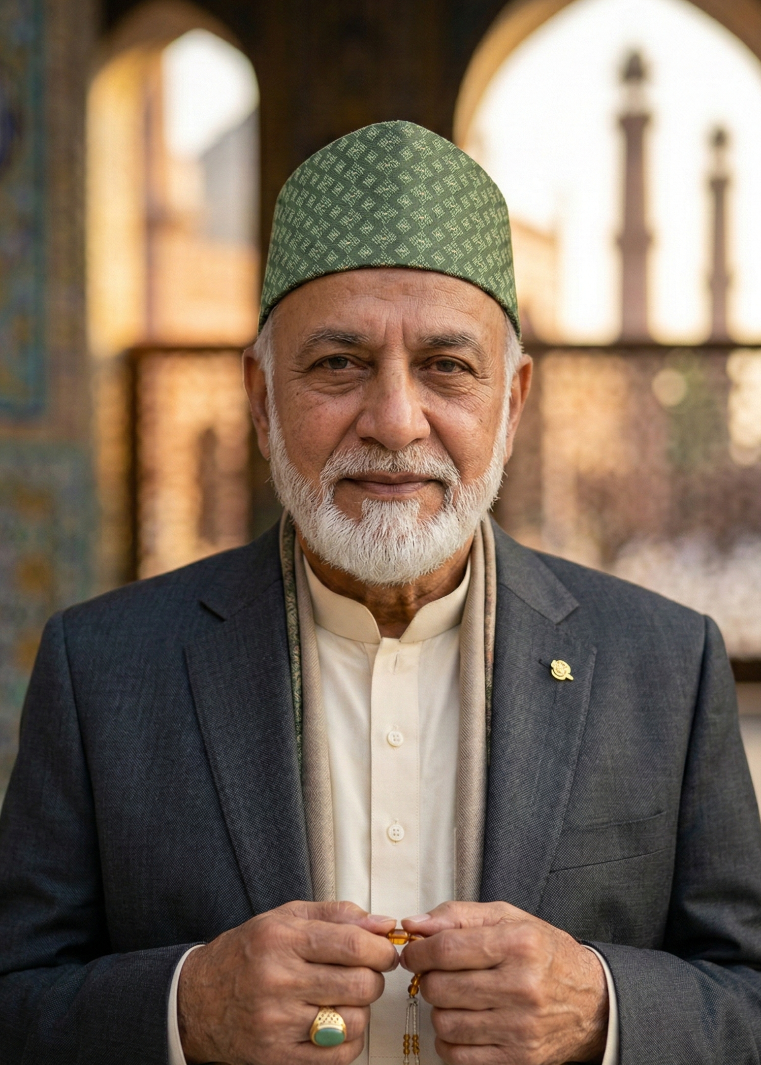 Man wearing a green cap and dark suit with a blurred architectural background