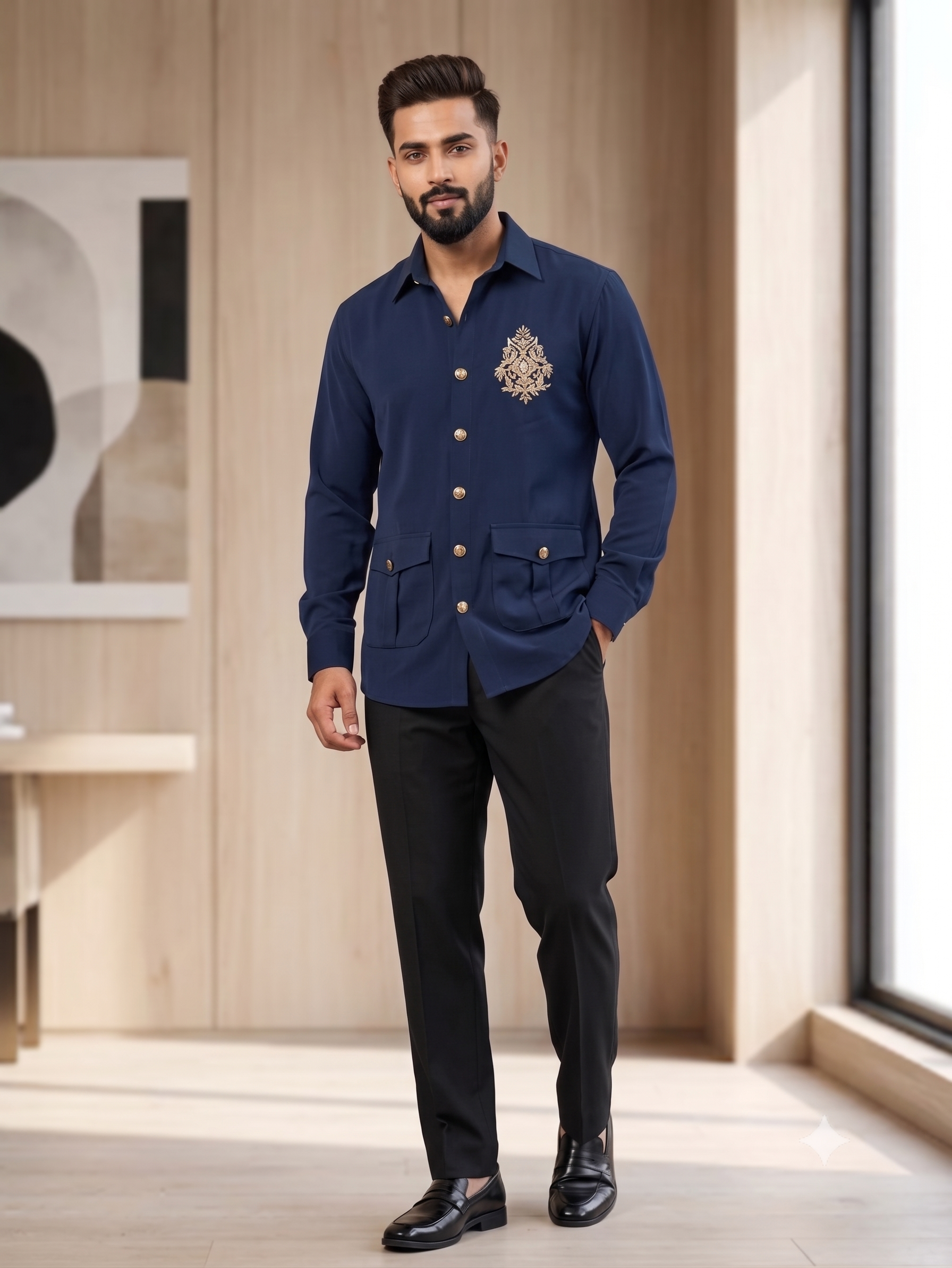 Navy Blue Zardozi Shirt for Men | Lachka Fabric | Structured Nehru-Collar Overshirt | Sangeet, Cocktail, Wedding & Party Wear | RichArt