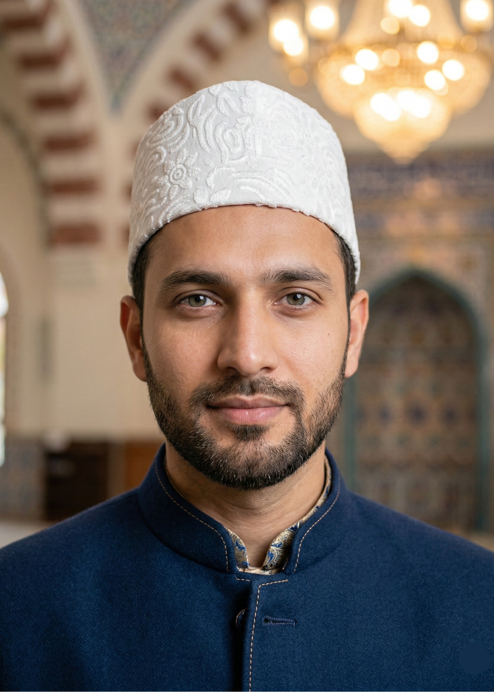 Man wearing a white cap and blue outfit in a mosque setting