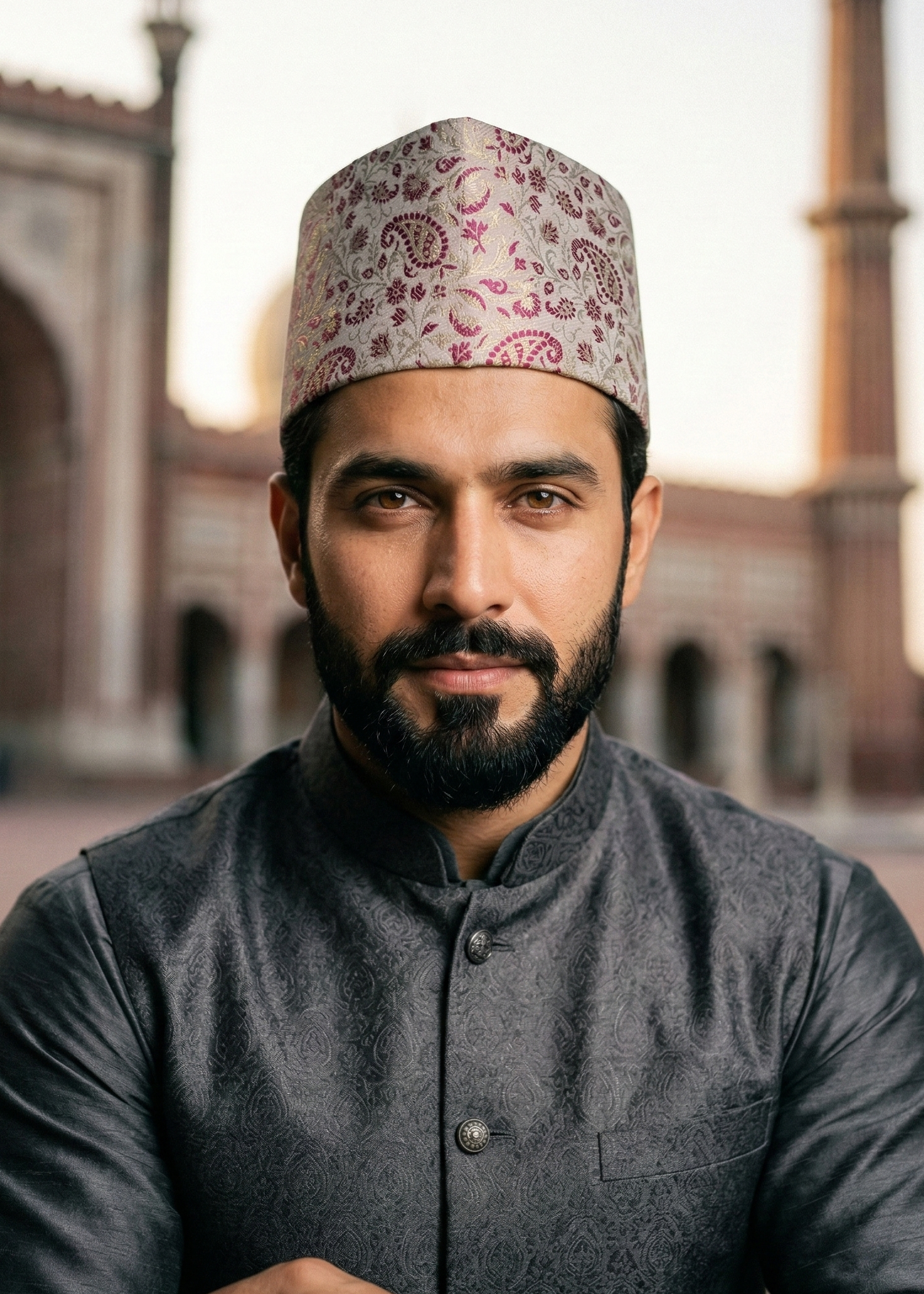 Man wearing a patterned cap and dark shirt in front of a blurred architectural background