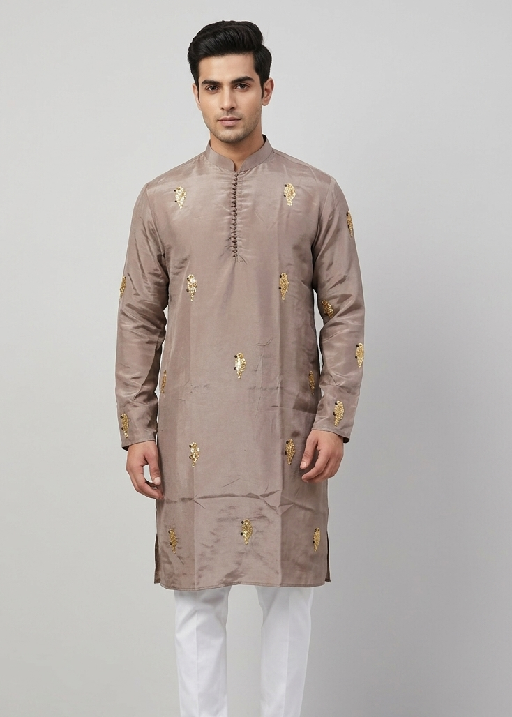 Beige Handwork sequence Mens Kurta & Pants Set | Festive Outfit for men | Groom or Groomsmen outfit