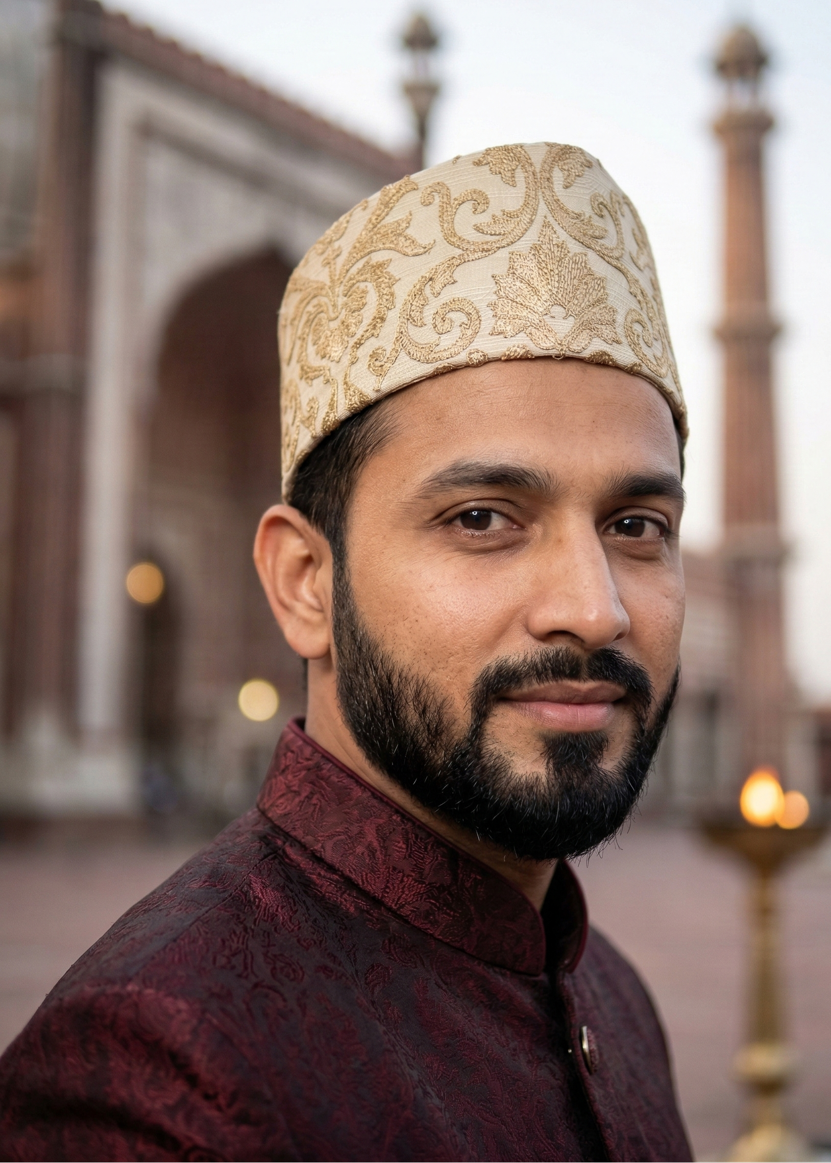 Man wearing a traditional embroidered cap and dark shirt in front of a blurred architectural background
