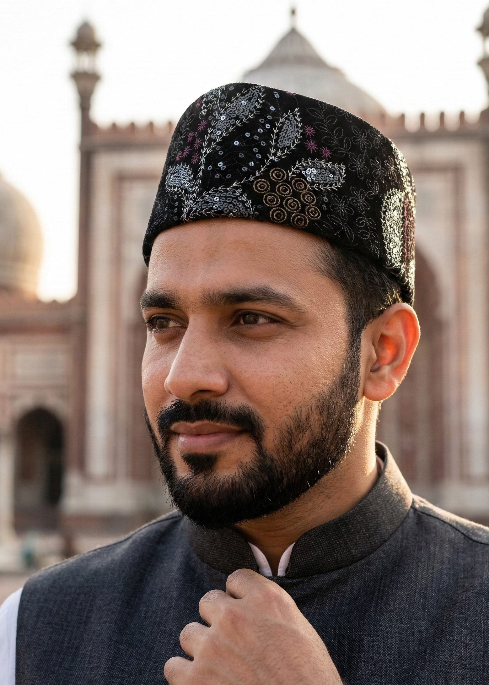 Man wearing a traditional embroidered cap with a blurred architectural background