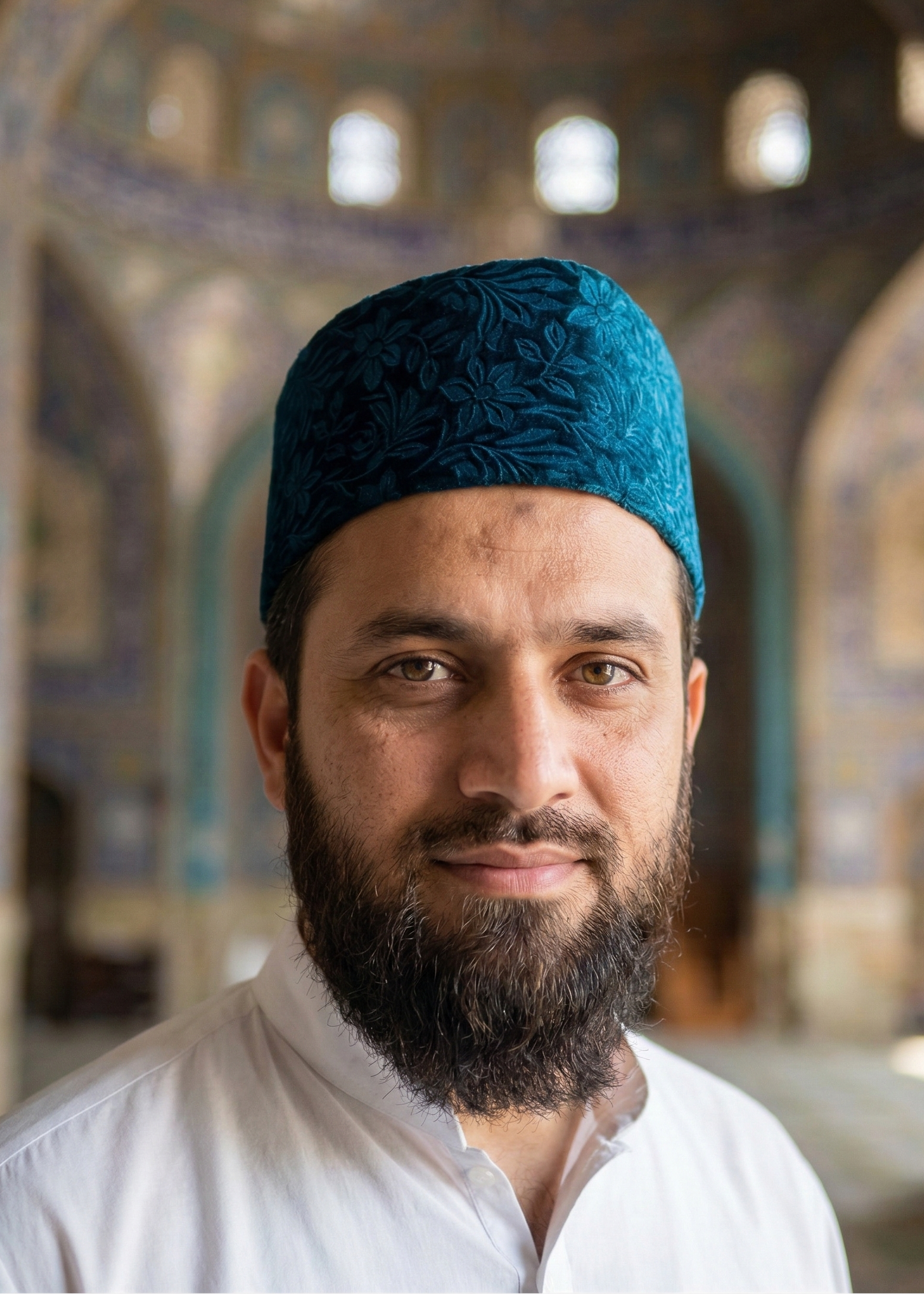 Royal Teal Velvet Peshawari / Rampuri Topi (Kufi Cap) – Embossed Floral Muslim Prayer Hat for Namaz, Eid & Nikah – Premium Elegant Design – Sizes Up to 24 Inch