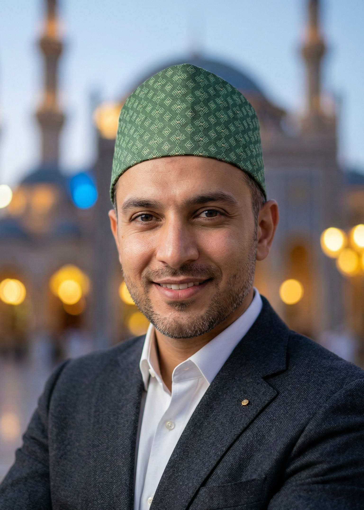 Man wearing a green cap and dark suit in front of a blurred mosque background