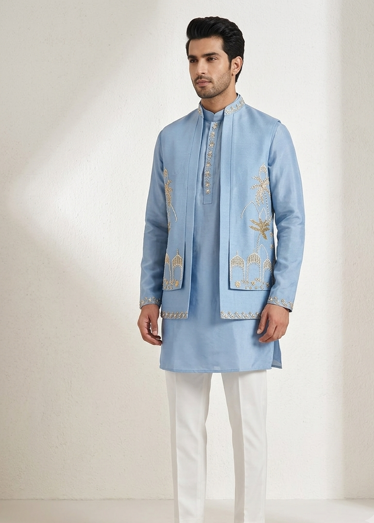 Handwork Nehru Jacket with kurta pyjama set For Men | Modi Jacket 3 piece set | Indian wedding wear outfits | waistcoat | kurta pant with jacket