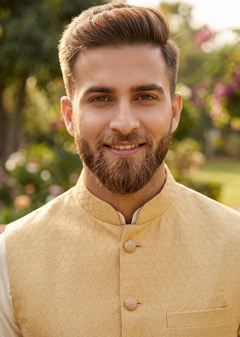 Yellow Cotton Silk Self Design Nehru Jacket For Men