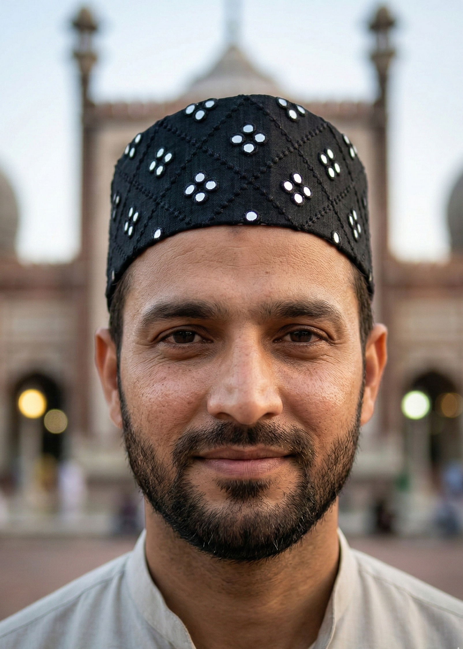 Man wearing a black cap with white patterns in front of a blurred architectural background