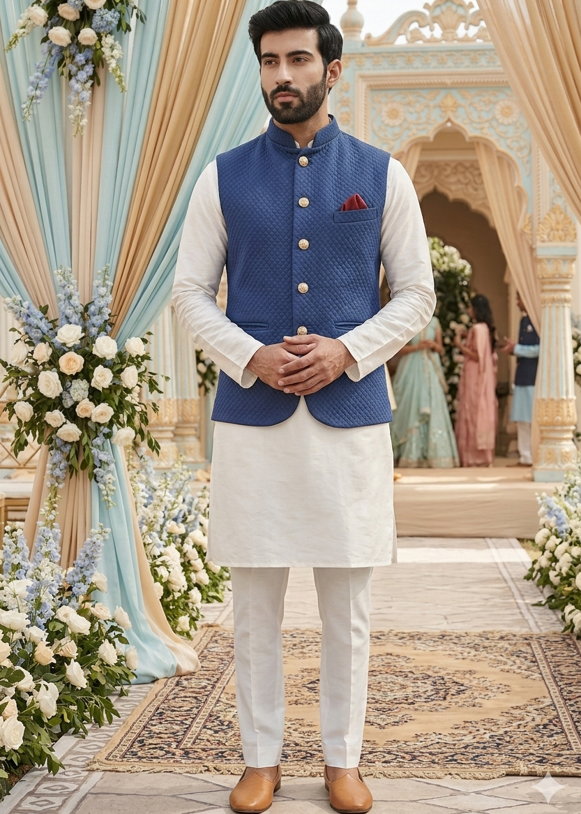 Quilted Blue Nehru Jacket For Men