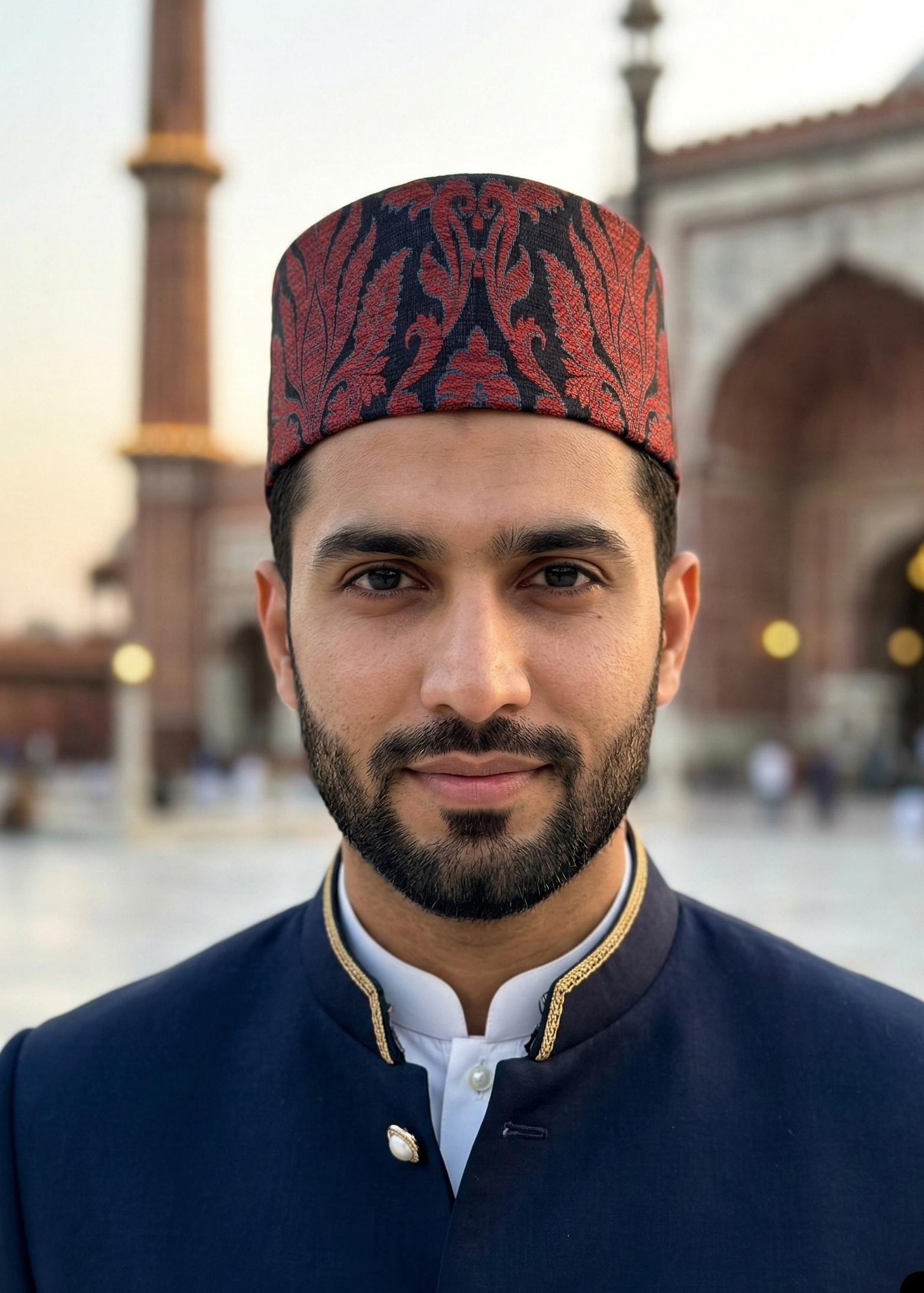 Man wearing a dark blue traditional outfit with a red patterned cap in front of a blurred architectural background.
