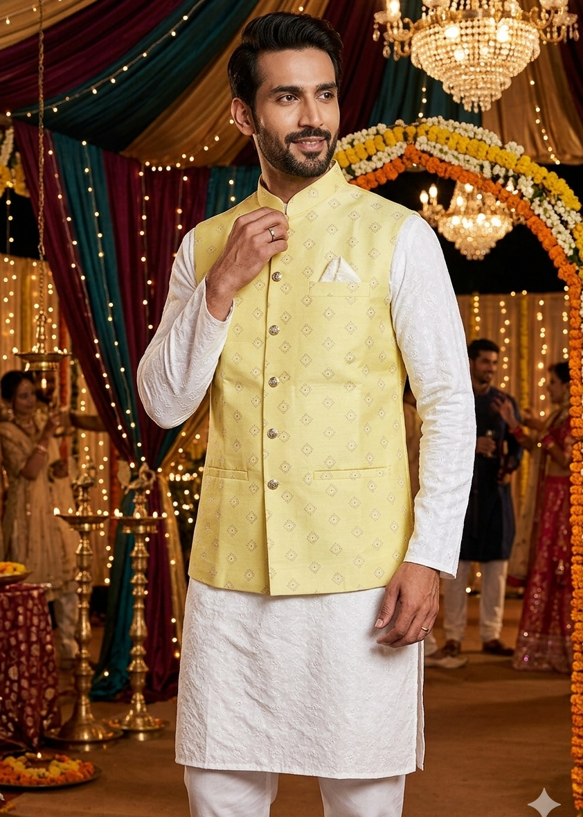 Light Green Glitter Design Nehru Jacket For Men