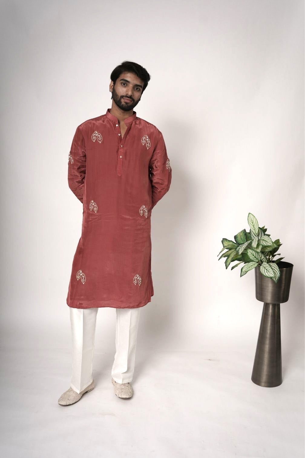 Rust Red Embroidered Kurta Pant Set for Men with Pearl & thread Work | Indian Wedding Festive Wear | RichArt by Suhani