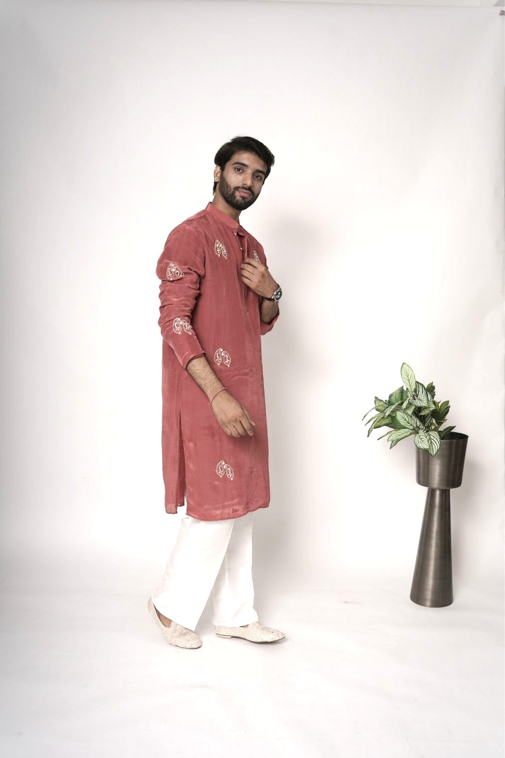 Rust Red Embroidered Kurta Pant Set for Men with Pearl & thread Work | Indian Wedding Festive Wear | RichArt by Suhani