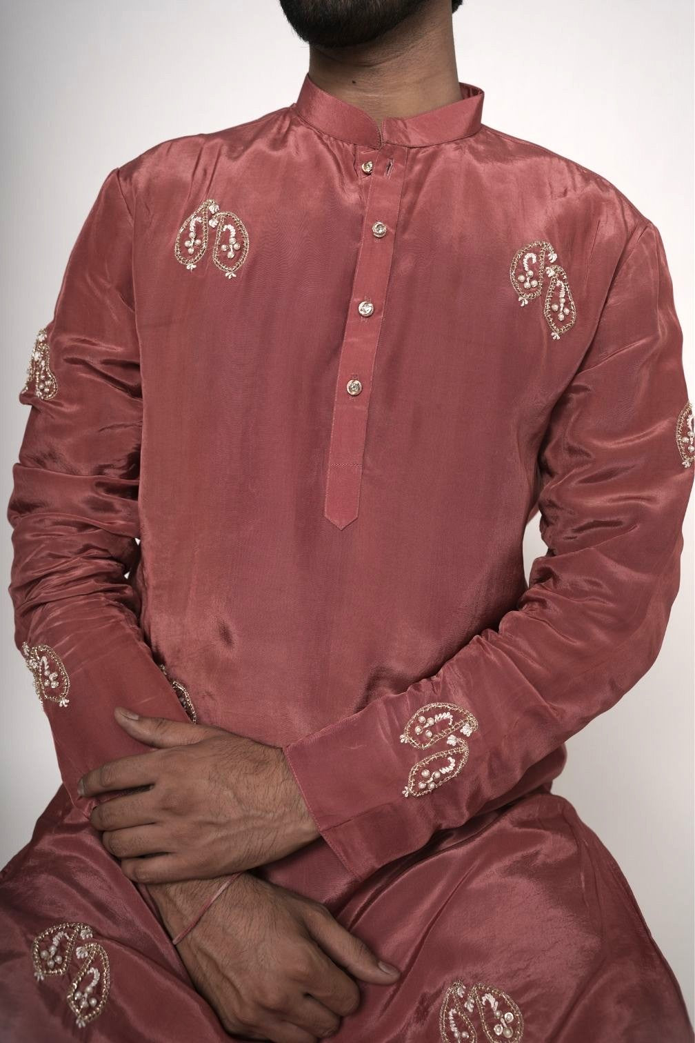 Rust Red Embroidered Kurta Pant Set for Men with Pearl & thread Work | Indian Wedding Festive Wear | RichArt by Suhani