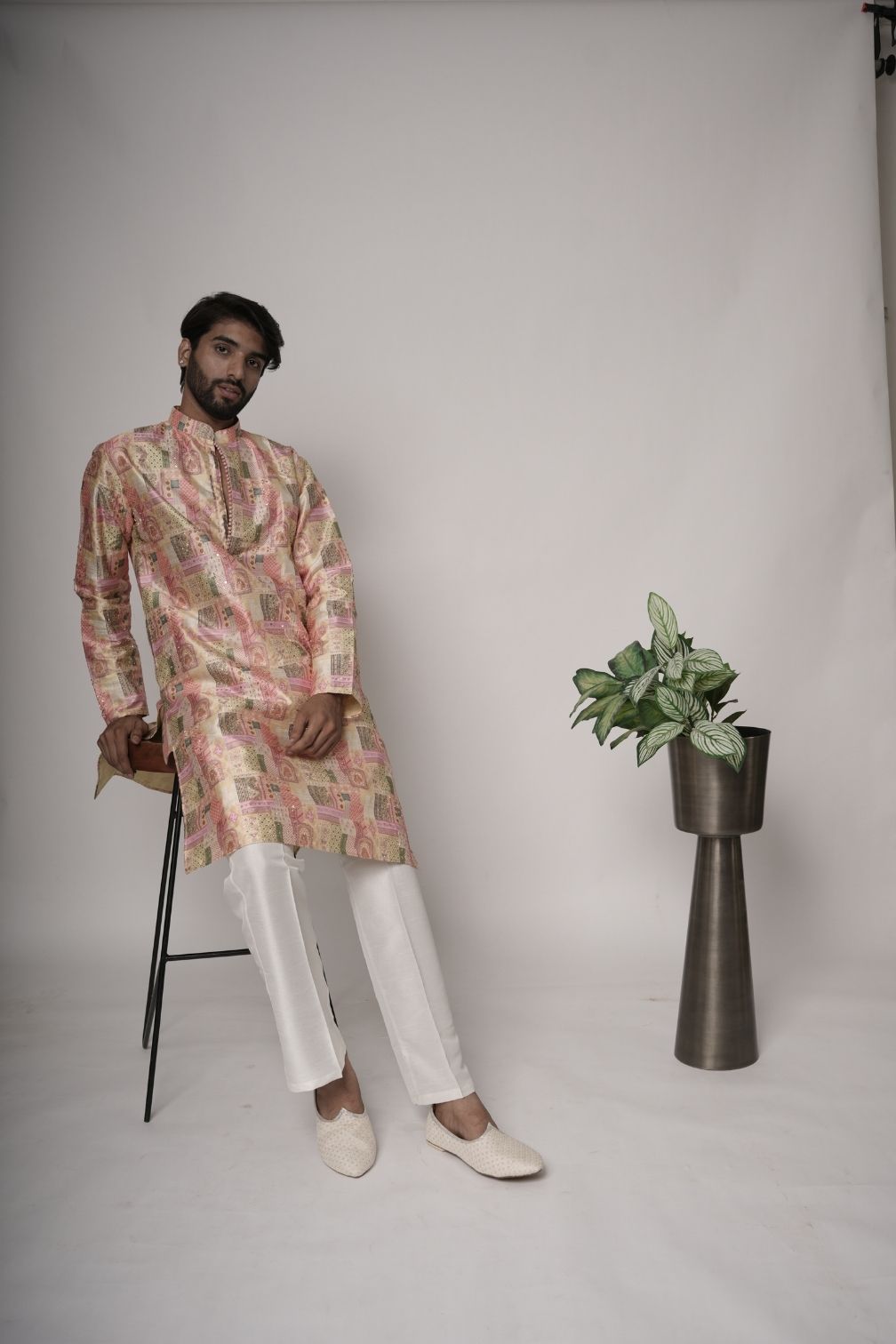 Printed Handwork Mens Kurta & Pants Set | Festive Outfit for men | Wedding wear for men | kurta for groom or groomsmen