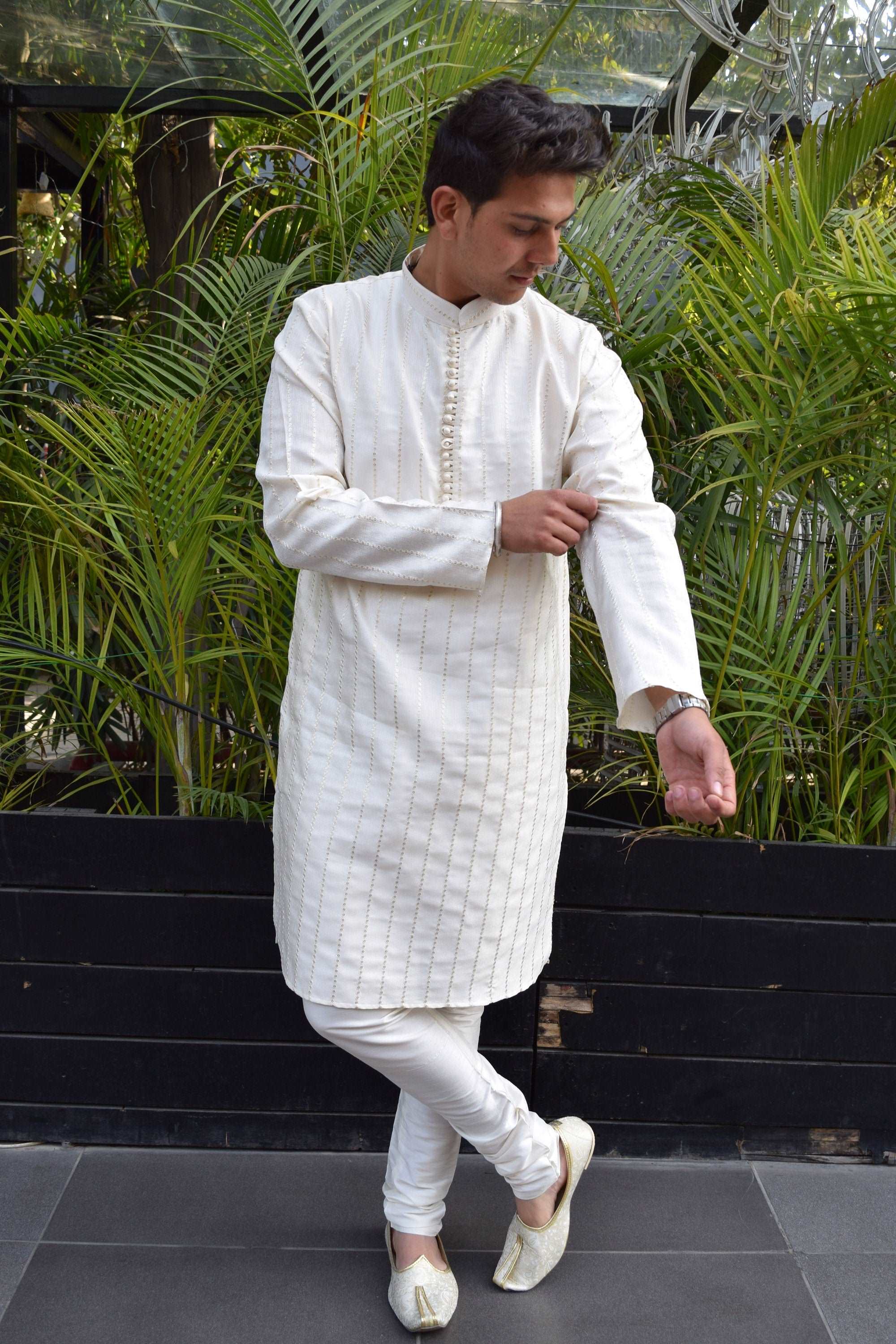 White Sequence Handwork Thread Mens Kurta & Pants Set