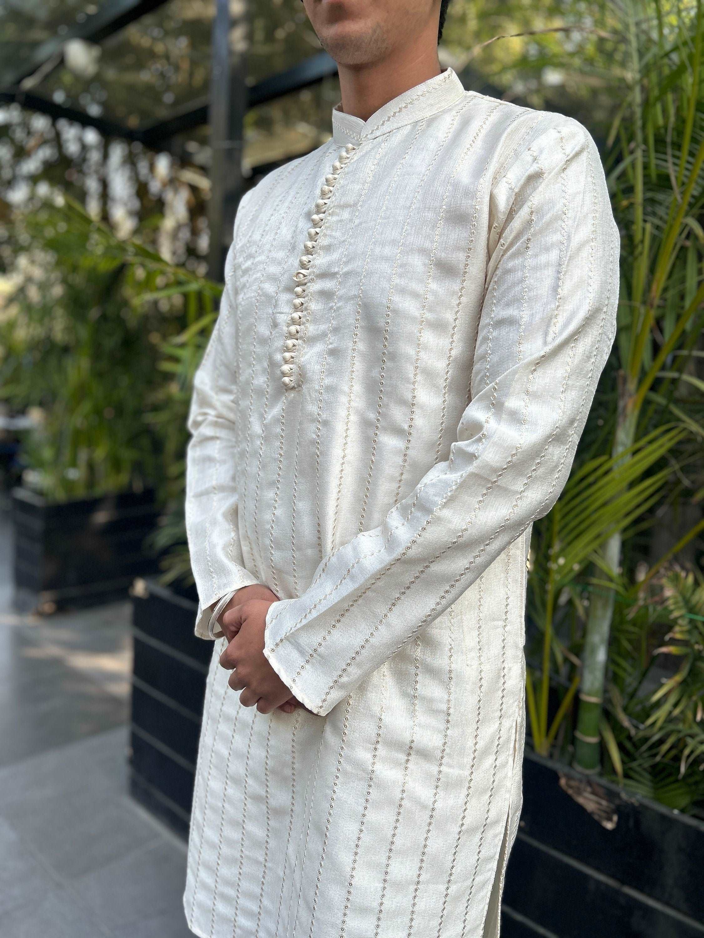White Sequence Handwork Thread Mens Kurta & Pants Set