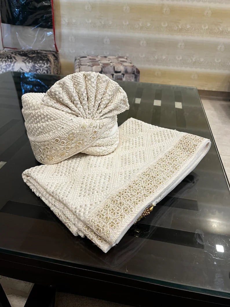 White Chikankari Stitched Handwork Border Safa/turban/pagri/pheta   Pheta (Turban Safa) And Dupatta  For Men For Wedding/marriage And Traditional Function