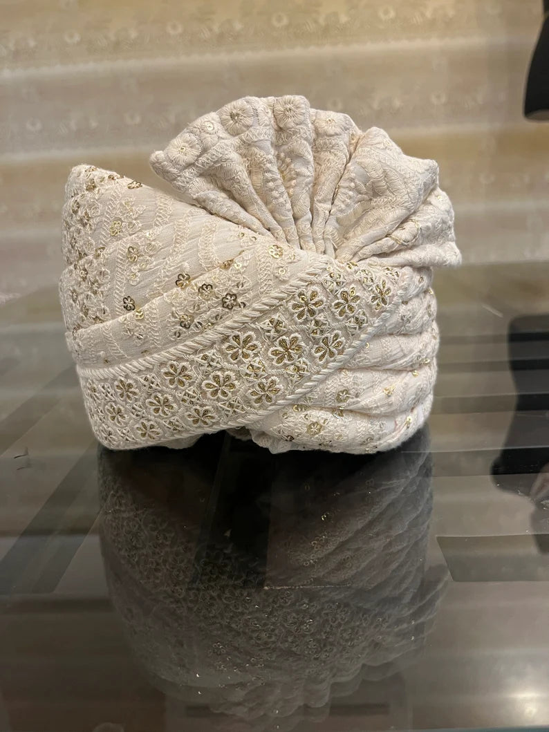 White Chikankari Stitched Handwork Border Safa/turban/pagri/pheta   Pheta (Turban Safa) For Men For Wedding/marriage And Traditional Function