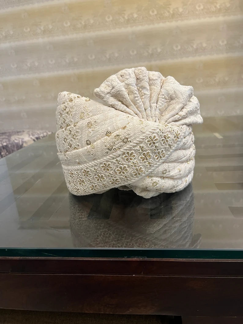 White Chikankari Stitched Handwork Border Safa/turban/pagri/pheta   Pheta (Turban Safa) For Men For Wedding/marriage And Traditional Function