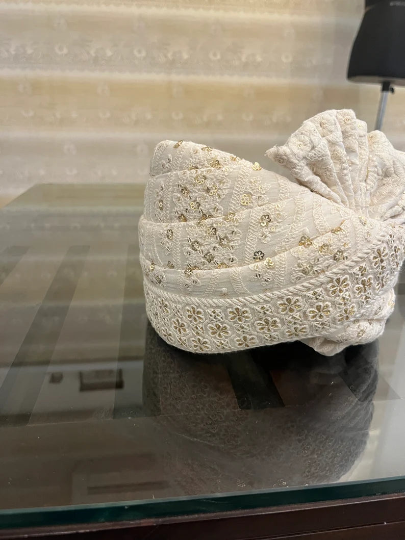 White Chikankari Stitched Handwork Border Safa/turban/pagri/pheta   Pheta (Turban Safa) For Men For Wedding/marriage And Traditional Function