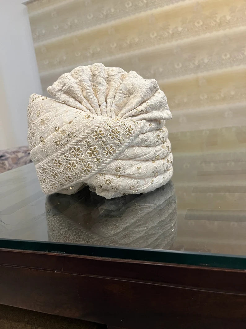 White Chikankari Stitched Handwork Border Safa/turban/pagri/pheta   Pheta (Turban Safa) For Men For Wedding/marriage And Traditional Function