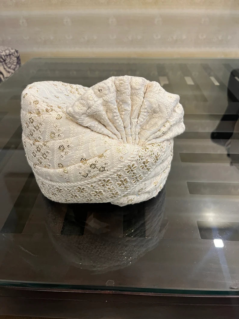 White Chikankari Stitched Handwork Border Safa/turban/pagri/pheta   Pheta (Turban Safa) For Men For Wedding/marriage And Traditional Function
