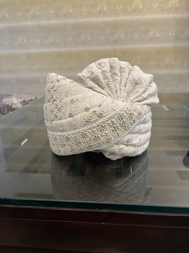 White Chikankari Stitched Handwork Border Safa/turban/pagri/pheta   Pheta (Turban Safa) For Men For Wedding/marriage And Traditional Function