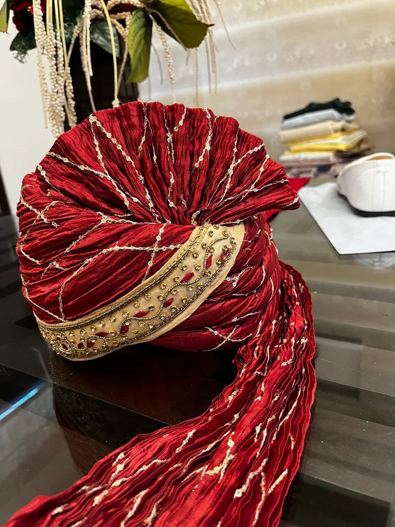 Red Stitched Handwork Border Safa/turban/pagri/pheta   Pheta (Turban Safa) For Men For Wedding/marriage And Traditional Function