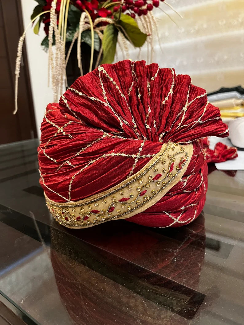 Red Stitched Handwork Border Safa/turban/pagri/pheta   Pheta (Turban Safa) For Men For Wedding/marriage And Traditional Function