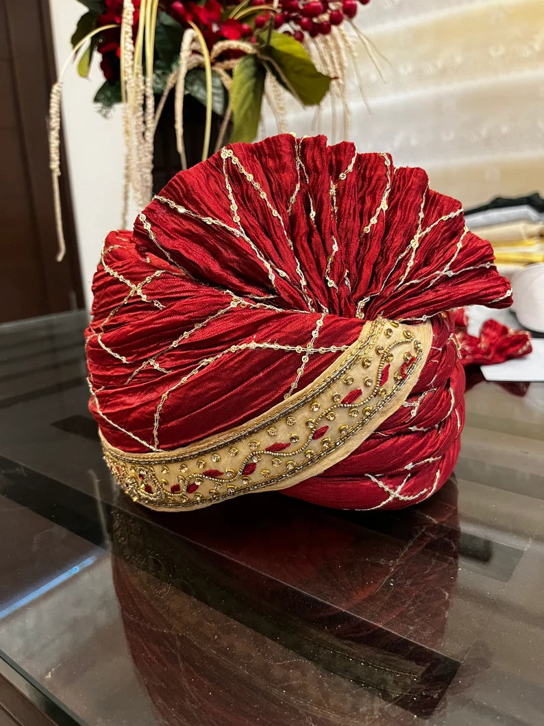 Red Stitched Handwork Border Safa/turban/pagri/pheta   Pheta (Turban Safa) For Men For Wedding/marriage And Traditional Function