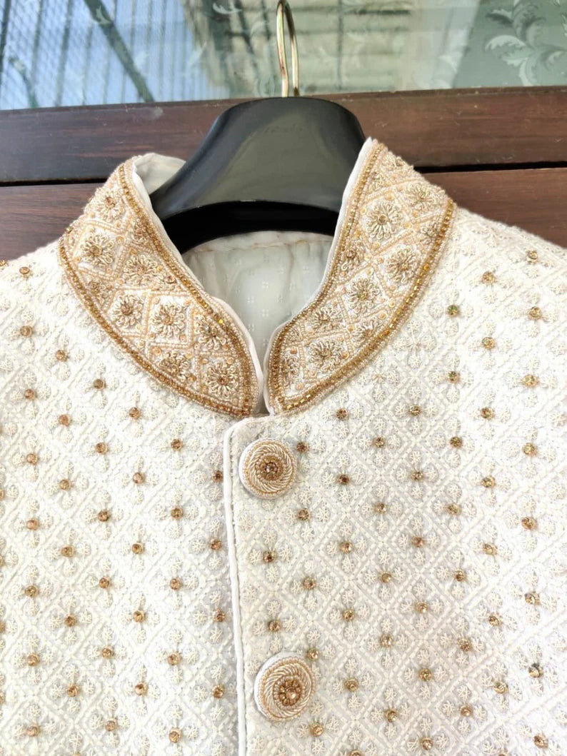 Off White Majestic Embroidered Men's Handwork Sherwani With Churidar Pyjama Set