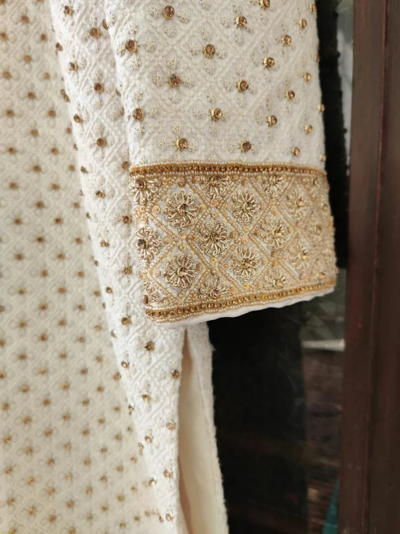 Off White Majestic Embroidered Men's Handwork Sherwani With Churidar Pyjama Set